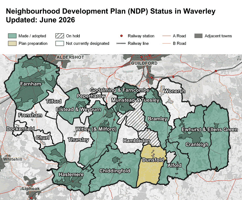Map showing Neighbourhood Development Plan (NDP) status in Waverley Borough as of June 2026.